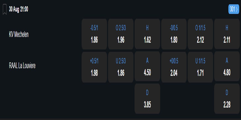 KV Mechelen vs RAAL La Louviere - bảng tỷ lệ kèo.